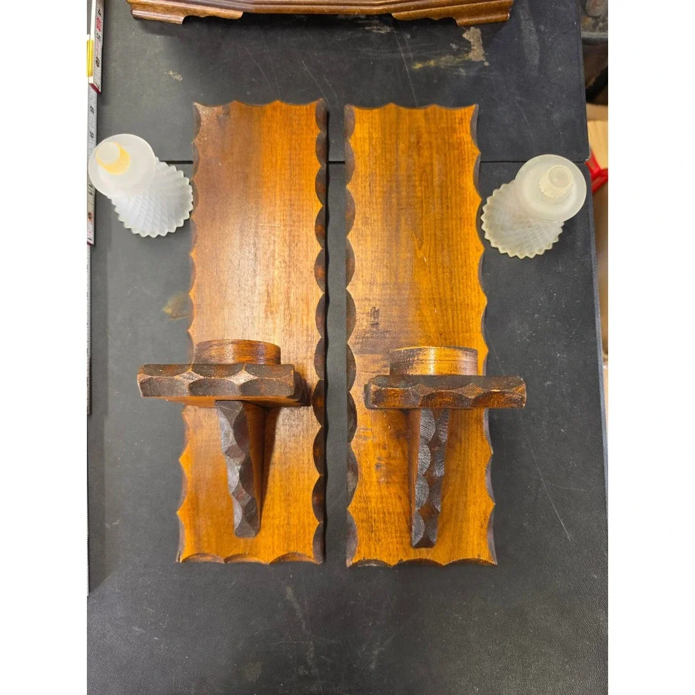 Vintage MCM Wood Wall Sconce Pair Scalloped Edge Frosted Diamond Votive Holders